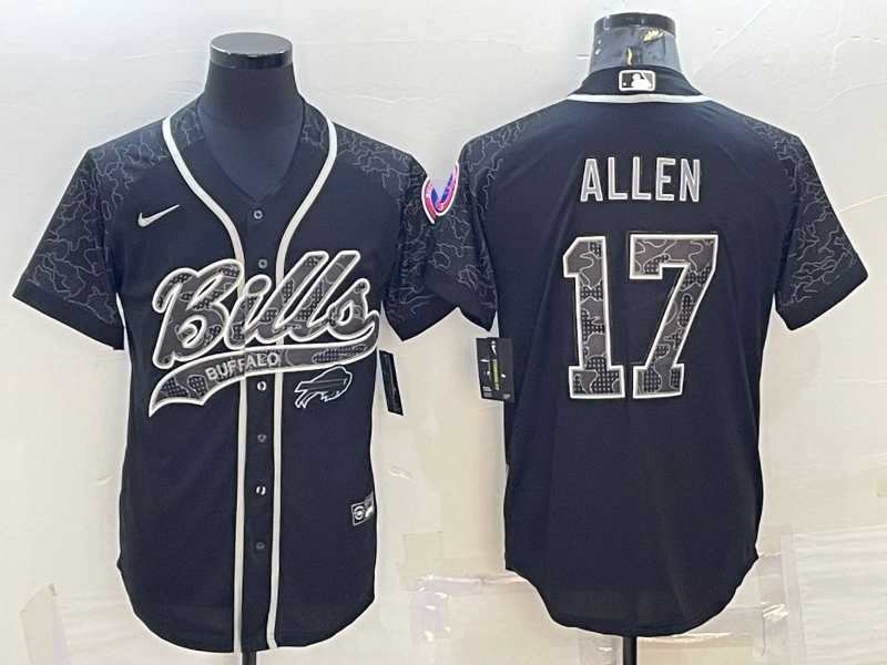 Mens Buffalo Bills #17 Josh Allen Black Reflective With Patch Cool Base Stitched Baseball Jersey